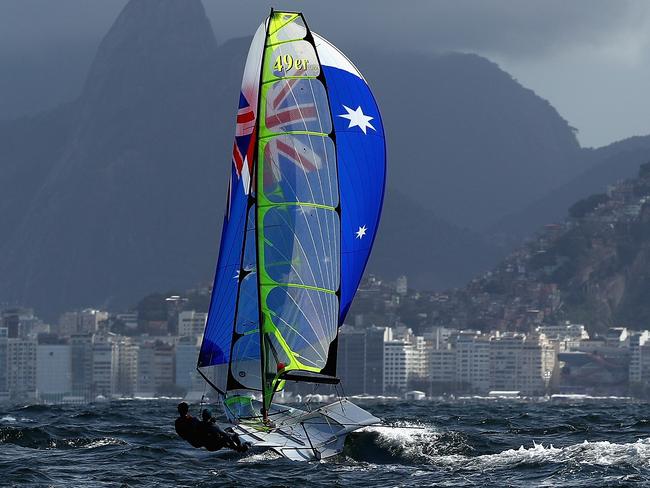 RIO DE JANEIRO, BRAZIL - AUGUST 04: Nathan Outteridge and Iain Jensen of Australia in action on board their 49er class during practice ahead of the Rio 2016 Olympic Games at the Marina da Gloria on August 4, 2016 in Rio de Janeiro, Brazil. (Photo by Clive Mason/Getty Images)