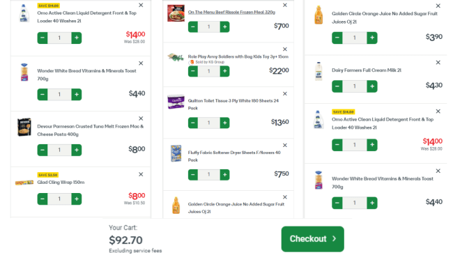 A snapshot of Kevin's shopping cart at Woolies. 