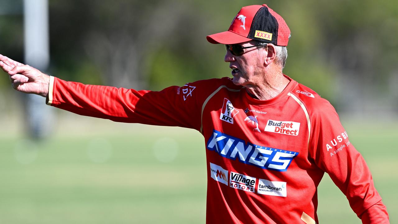 BRISBANE, AUSTRALIA - FEBRUARY 03: Coach Wayne Bennett gives directions during a Dolphins NRL training session at Kayo Stadium on February 03, 2023 in Brisbane, Australia. (Photo by Bradley Kanaris/Getty Images)