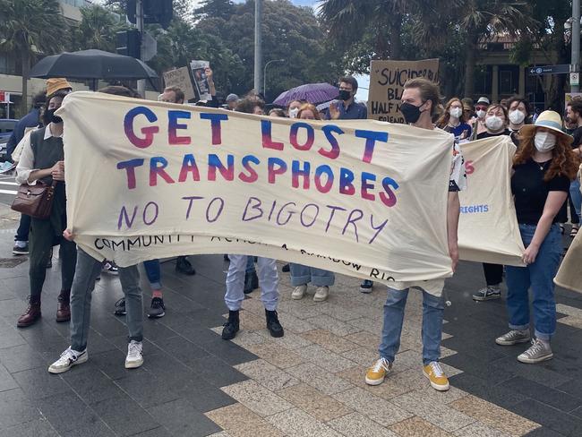 The Community Action for Rainbow Rights held a rally outside Hotel Steyne at The Corso in Manly to protest the continued political endorsement of Warringah Liberal candidate Katherine Deves following her resurfaced anti-transgender tweets. Picture by Dana Pendrick