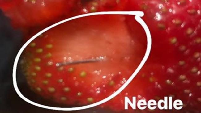 A needle found in a different strawberry in Brisbane. Picture: Supplied.