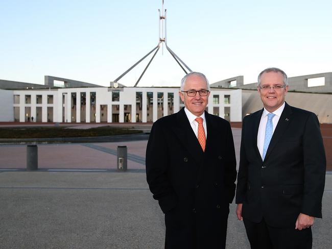 The Prime Minister Malcolm Turnbull with Treasurer Scott Morrison at  parliament House in Canberra to chat to TV networks about the Budget. Picture Kym Smith