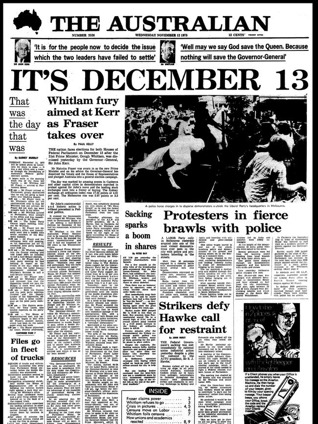 The front page of The Australian with coverage of The Dismissal published on November 12, 1975.