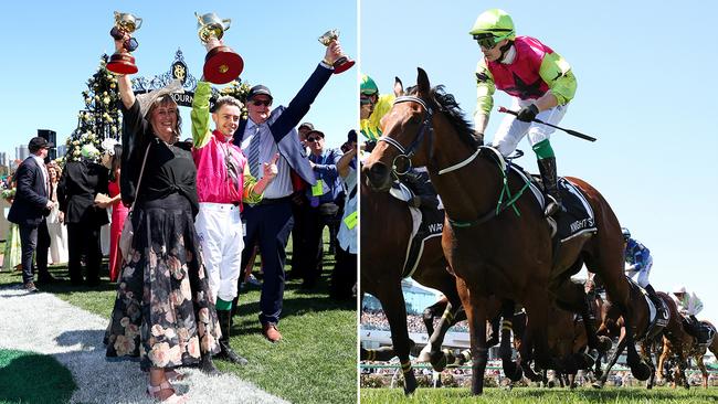 Trainers Sheila Laxon and John Symons, with jockey Robbie Dolan, celebrate Knight's Choice's 2024 Melbourne Cup victory. Pictures: Getty Images