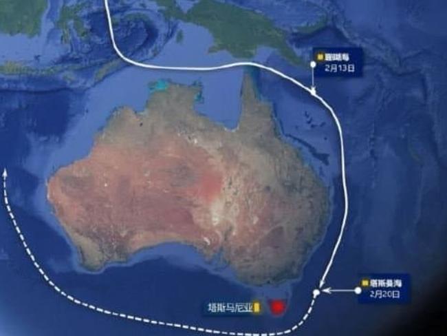 A Chinese state-controlled media representation of the track being followed by Task Group 107, the naval force involved in last week’s incident in the Tasman Sea.