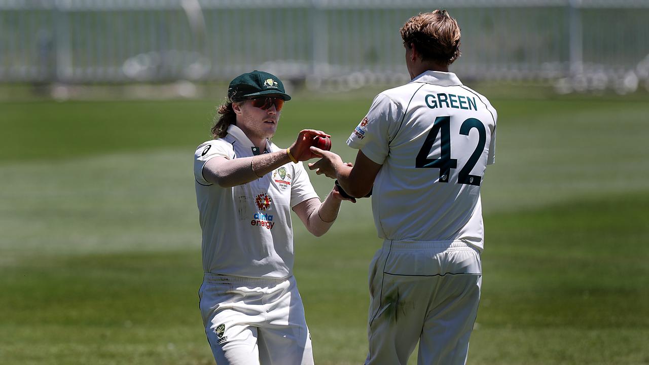 Australian batsman Will Pucovski passing the ball to all- rounder Cameron Green at the Australia A vs The Indians at Drummoyne Oval. Jane Dempster/The Australian.