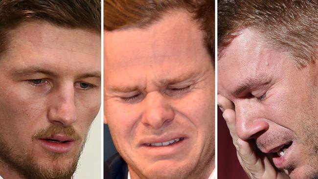 Suspended trio Cameron Bancroft, Steve Smith and David Warner. Photo: AFP