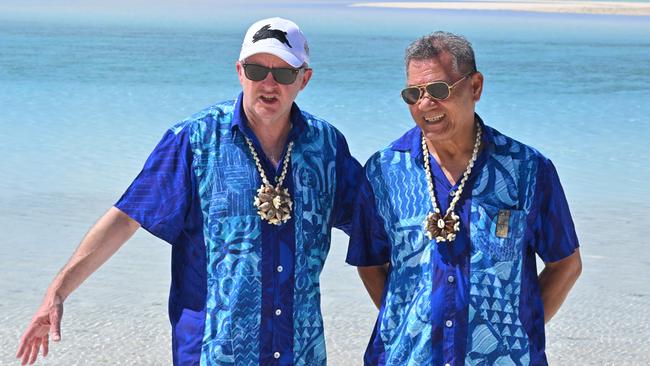 Australia’s Prime Minister Anthony Albanese and Tuvalu’s Prime Minister Kausea on One Foot Island after a Leaders’ Retreat during the Pacific Islands Forum at Aitutaki, Cook Islands. Picture: Mick Tsikas