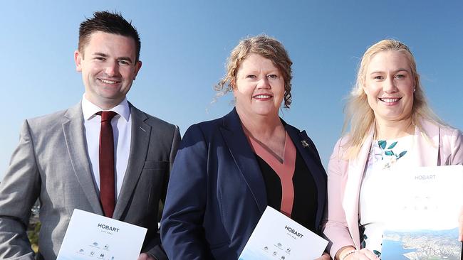 From left, Kingborough Mayor Dean Winter, Hobart Lord Mayor Anna Reynolds and Glenorchy City Council Mayor Kristie Johnston. Picture: LUKE BOWDEN