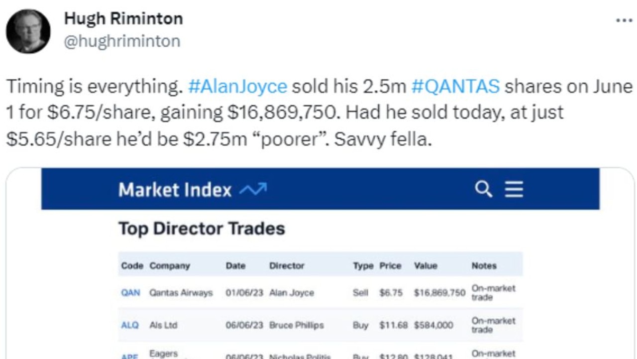 Journalist Hugh Riminton noted Mr Joyce’s “savvy” sale of his 2.5 million shares in Qantas. Picture: X/hughriminton