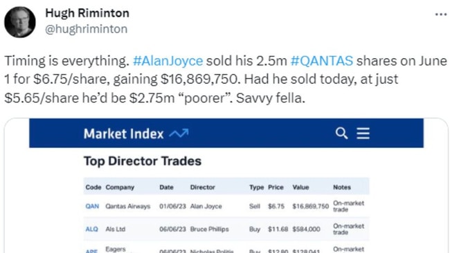 Journalist Hugh Riminton noted Mr Joyce’s “savvy” sale of his 2.5 million shares in Qantas. Picture: X/hughriminton