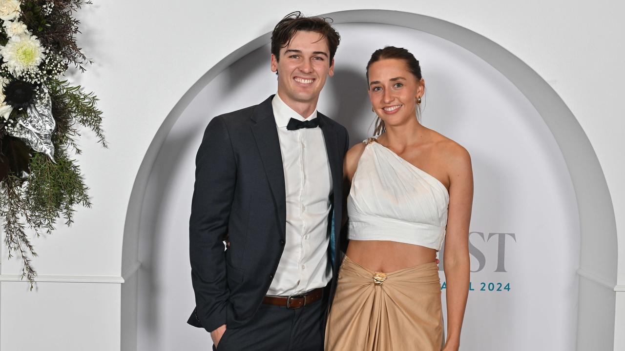Connor Rozee and Maisie Packer on the Port Adelaide AFL/SANFL Best & Fairest red carpet at the Adelaide Convention Centre. Picture: Brenton Edwards