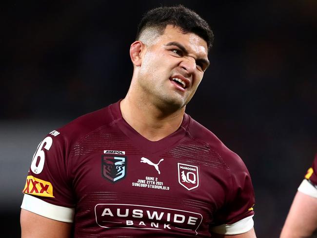 BRISBANE, AUSTRALIA - JUNE 27: David Fifita and Cameron Munster of the Maroons react during game two of the 2021 State of Origin series between the Queensland Maroons and the New South Wales Blues at Suncorp Stadium on June 27, 2021 in Brisbane, Australia. (Photo by Chris Hyde/Getty Images)