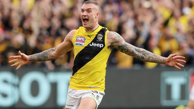 Dustin Martin celebrates on the final siren of the 2017 AFL Grand Final. Picture: Alex Coppel.