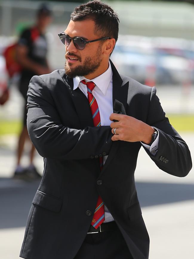 Karmichael Hunt arrives at Metricon Stadium on Sunday for the Gold Coast Suns’ final round clash with West Coast.