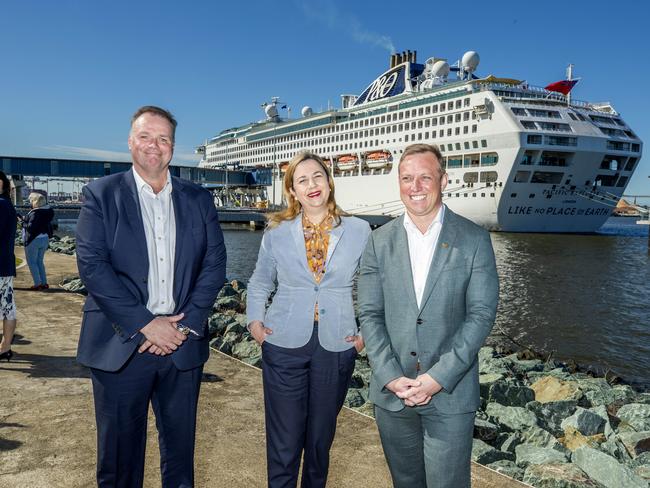 Port of Brisbane chief executive Neil Stephens, Queensland Premier Annastacia Palaszczuk and Deputy Premier Stephen Miles at Pacific Explorer's docking at the new Brisbane International Cruise Terminal in June. Picture: Richard Walker