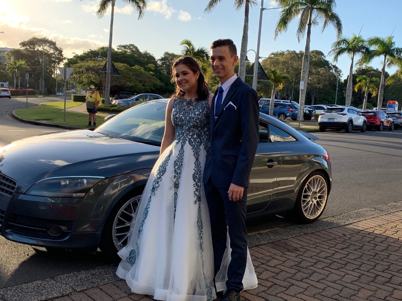 Anna Deakin and Andries Du Plooy arrive at the Fraser Coast Anglican College formal at the Hervey Bay Boat Club.