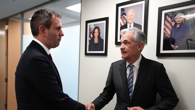 Chair of the Federal Reserve of the United States Jerome Powell with Treasurer Jim Chalmers. US inflation dipped below 3 per cent in July for the first time since 2021. Picture: Supplied