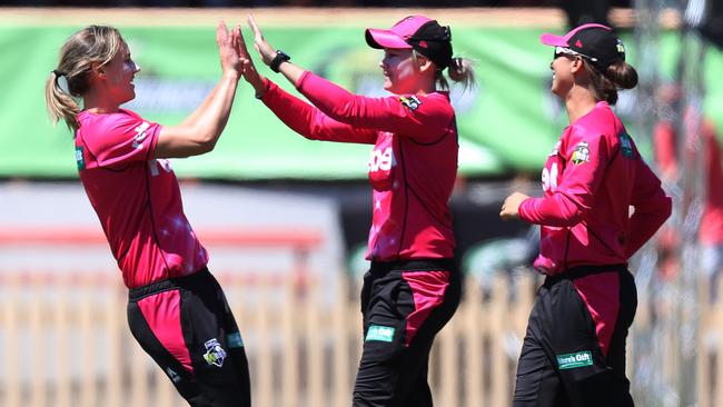 Ellyse Perry celebrates a wicket for the Sixers at North Sydney Oval. Picture: Brett Costello