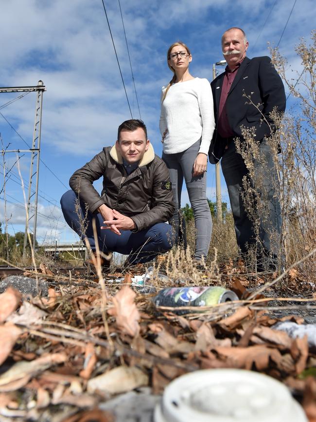 Hume councillors Naim Kurt, Jodi Jackson and Jack Medcraft among the rubbish at Broadmeadows train station. Picture: Kylie Else