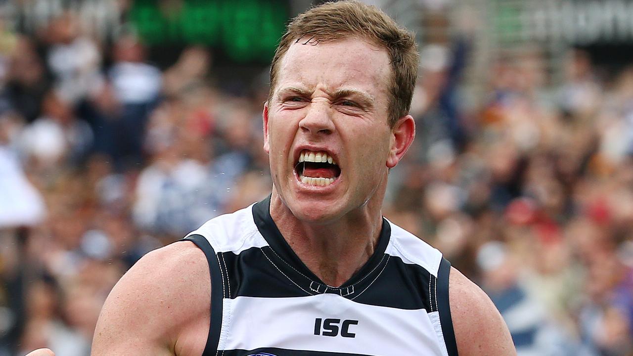 AFL Round 23 - Geelong v Adelaide at Simonds Stadium , Steve Johnson celebrate's a goal. Geelong.  5th August 2015. Picture: Colleen Petch.