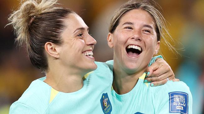 MELBOURNE, JULY 31, 2023: 2023 Fifa Womens World Cup - Australia V Canada. Katrina Gorry of the Matildas and Kyra Cooney-Cross of the Matildas celebrate after the match at Melbourne Rectangular Stadium. Picture: Mark Stewart