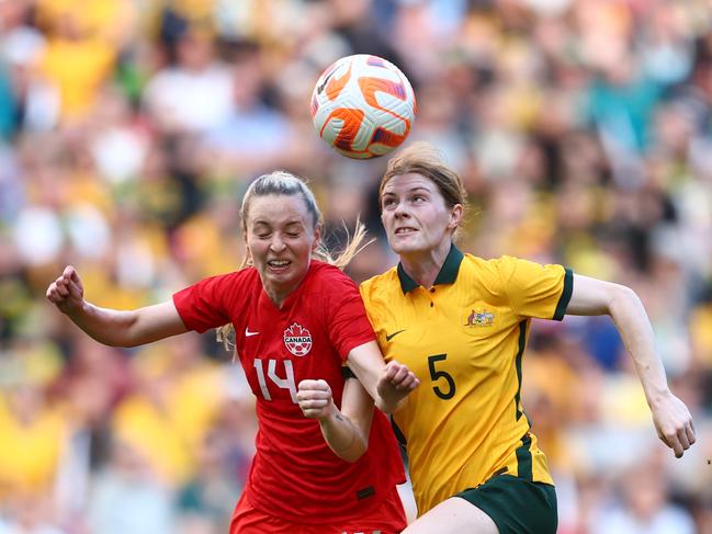 Gabrielle Carle of Canada and Chloe Logarzo of Australia compete for the ball. Picture: Chris Hyde/Getty Images