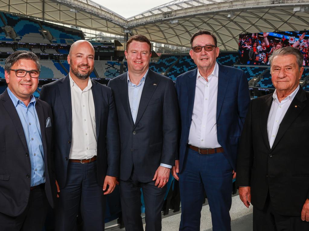 (L-R) is Sharks CEO Dino Mezzatesta, Eels CEO Jim Sarantinos, Rabbitohs CEO Blake Solly, Panthers CEO Brian Fletcher and Roosters Chairman Nick Politis. Picture: Justin Lloyd.