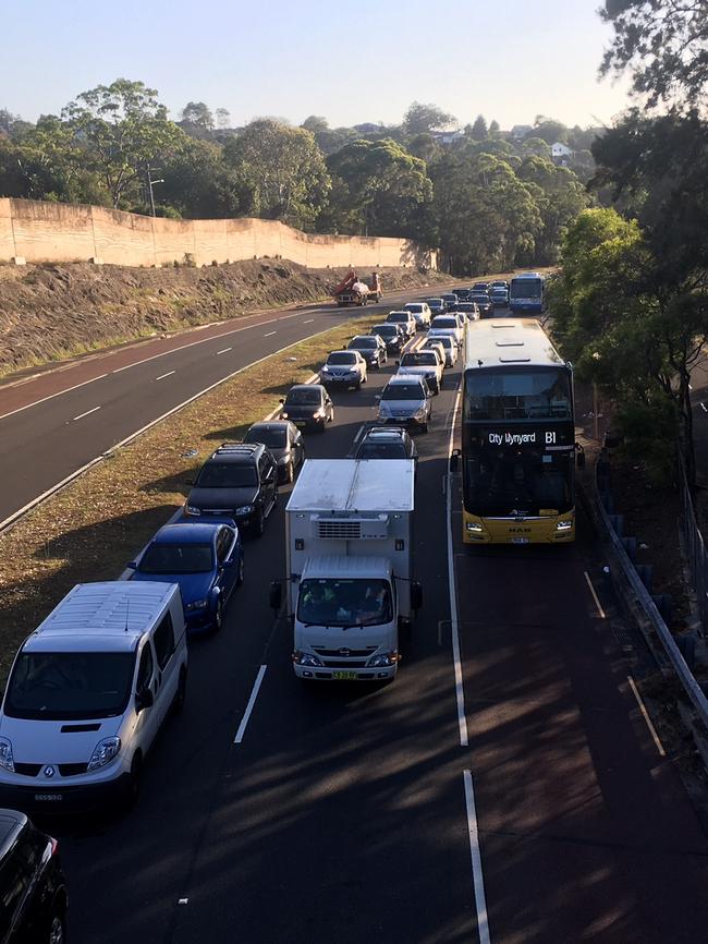 Traffic banked up in the northbound lanes on the Burnt Bridge Creek Deviation at Balgowlah.