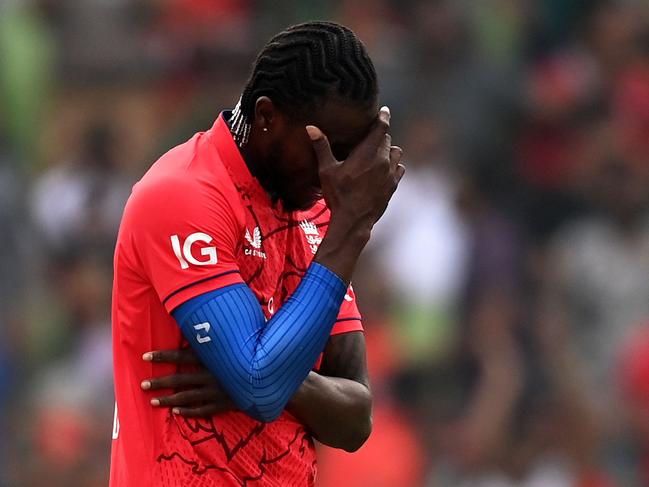 MIRPUR, BANGLADESH - MARCH 14: Jofra Archer of England reacts during the 3rd T20 International match between Bangladesh and England at Sher-e-Bangla National Cricket Stadium on March 14, 2023 in Mirpur, Bangladesh. (Photo by Gareth Copley/Getty Images)