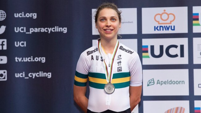 Para-cyclist Meg Lemon enjoys another podium finish. Picture: Cycling Australia Facebook