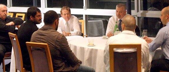 Khoder Nasser, Solomon Haumono and Anthony Mundine sit across from Arthur Coorey, John Ballesty, George Peponis and Todd Greenberg at the La Montage restaurant in 2008 to discuss Sonny Bill Williams’ future.