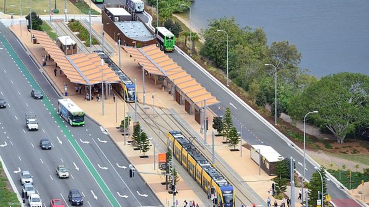 The bus and tram connection at Broadbeach South near Pacific Fair.