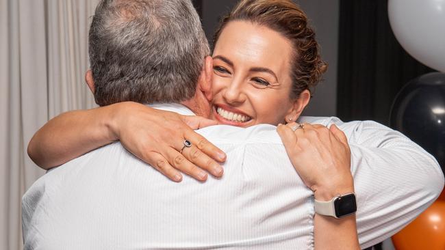 Country Liberal Party leader Lia Finocchiaro arrives to cheers and a hug from party president Shane Stone after her party's 2024 Northern Territory election win. Picture: Pema Tamang Pakhrin