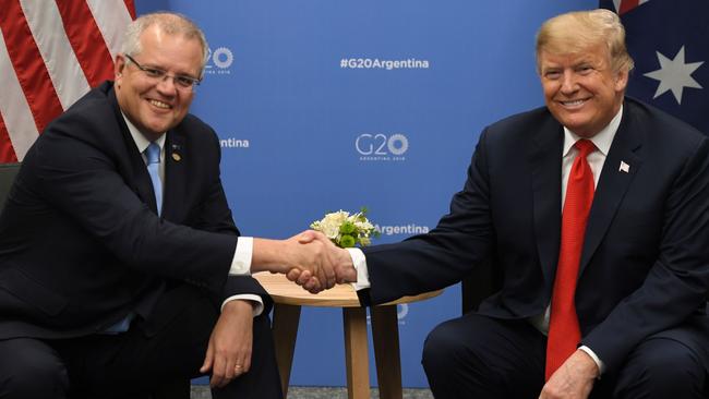 US President Donald Trump and Prime Minister Scott Morrison shake hands during a meeting on the sidelines of the G20 Leaders' Summit in Buenos Aires in November, 2018.