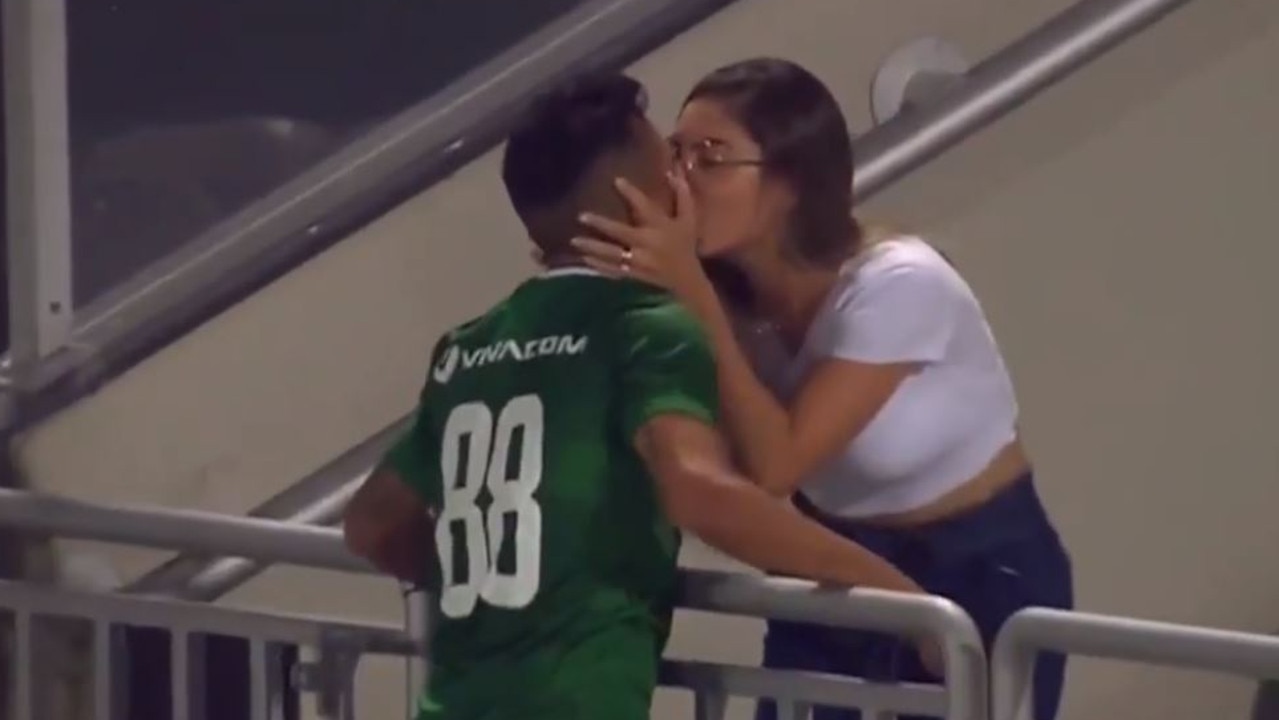 Wanderson Cristaldo Farias celebrated with his wife as the game continued without him.