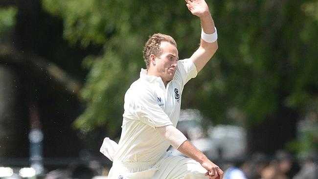 Carlton versus Geelong Premier Cricket at Princess Park Oval, Carlton North. Cameron Stevenson bowler for Carlton. Pictures;Angie Basdekis