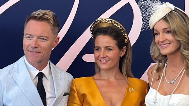 Irish singer Ronan Keating appeared at the Melbourne Cup alongside jockey Michelle Payne his wife Storm Keating. Picture: NewsWire / Alexandra Feiam