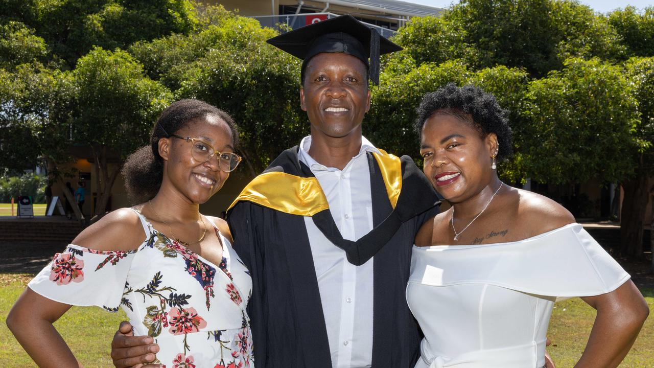 Anesu Jeche, Tonic Jeche and Emily Makaza at the 2025 Graduation ceremony held at Charles Darwin University on May 20, 2025. Picture: Pema Tamang Pakhrin