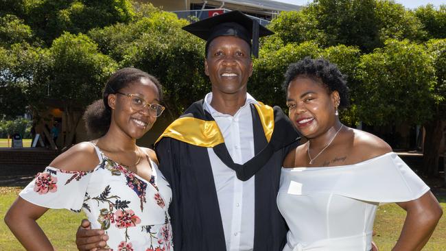Anesu Jeche, Tonic Jeche and Emily Makaza at the 2025 Graduation ceremony held at Charles Darwin University on May 20, 2025. Picture: Pema Tamang Pakhrin