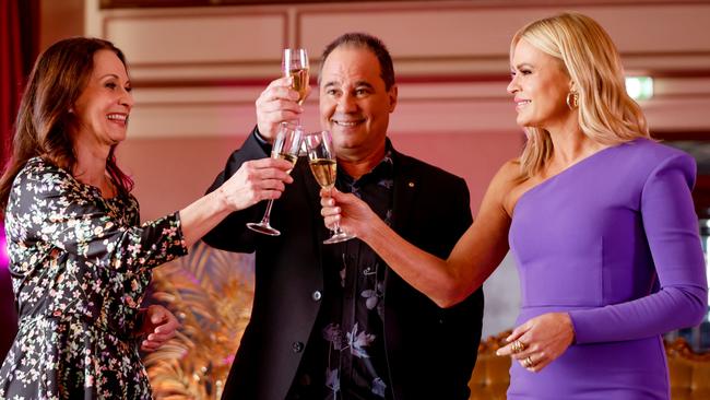 Tara Morice, Paul Mercurio and Sonia Kruger toast their reunion. Picture: 7 News