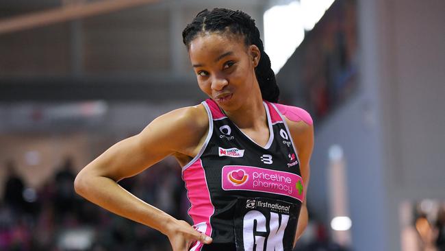 ADELAIDE, AUSTRALIA – SEPTEMBER 06: Shamera Sterling of the Thunderbirds poses for the cameras after the round ten Super Netball match between the Adelaide Thunderbirds and the Collingwood Magpies at Priceline Stadium on September 06, 2020 in Adelaide, Australia. (Photo by Mark Brake/Getty Images)