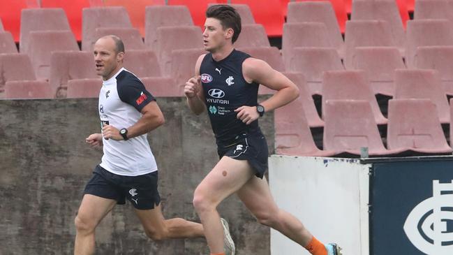 Walsh running at Carlton training after back surgery in January this year. Picture: David Crosling