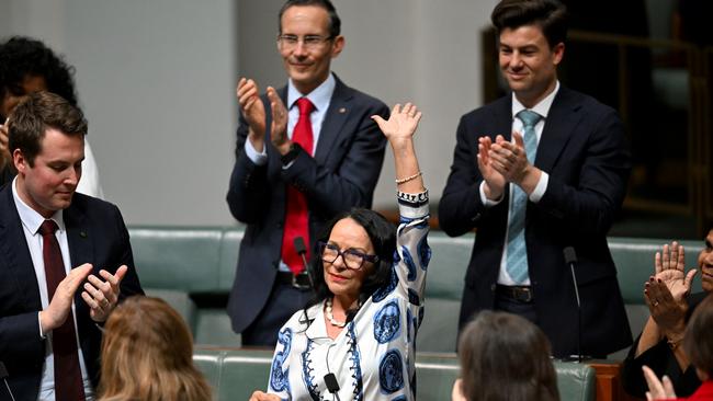 Linda Burney waves to the public gallery. Picture: AAP