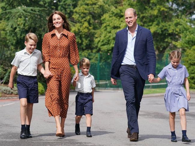 Prince George, Princess Louis and Princess Charlotte arrive at their new school with their parents, the Duke and Duchess of Cambridge. Picture: Jonathan Brady - Pool/Getty Images