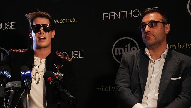 Milo Yiannopoulos speaks alongside Damien Costas in Sydney in 2017. Pictutr: Getty