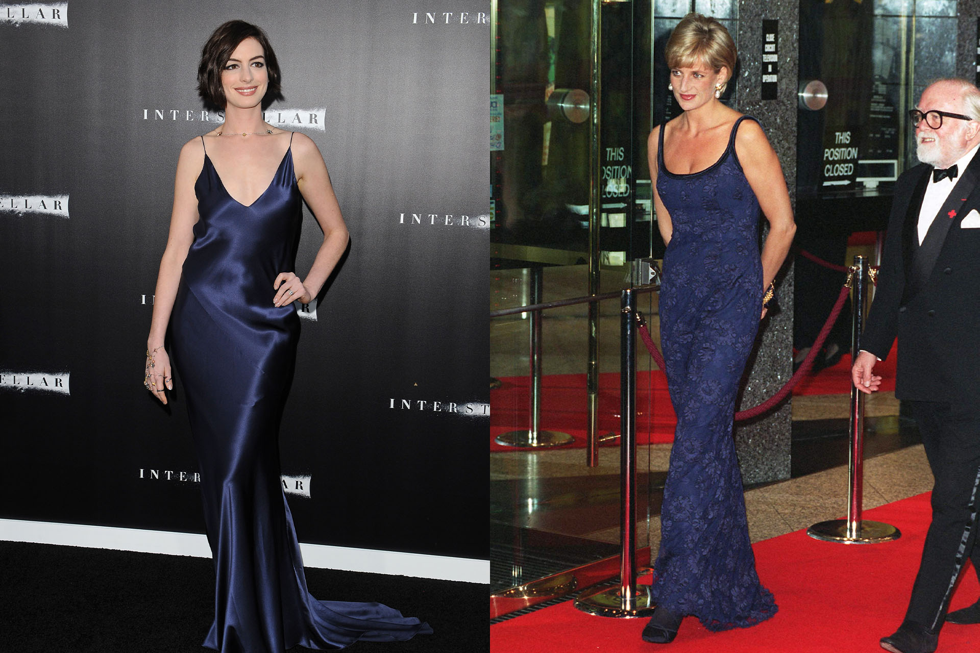 <h3>Anne Hathaway</h3><p>At the 1996 premiere of <em>In Love and War</em>, Princess Diana shone in an understatedly elegant midnight blue lace slip dress by Catherine Walker, championing her penchant for sophisticated minimalism once again, only a year before her untimely passing. In 2014, Anne Hathway demonstrated her appreciation for Lady Di&rsquo;s style choice by wearing a similarly cut midnight blue slip dress, this time in silk, by Richard Nicoll for the <em>Interstellar&nbsp;</em>Los Angeles premiere. As both the Princess and Hathaway knew, sometimes a simple navy dress is all you need to make a sartorial impact.</p><p class="p1"><a href="https://www.newsletters.news.com.au/vogue"><i>Sign up to the Vogue newsletter</i></a></p>