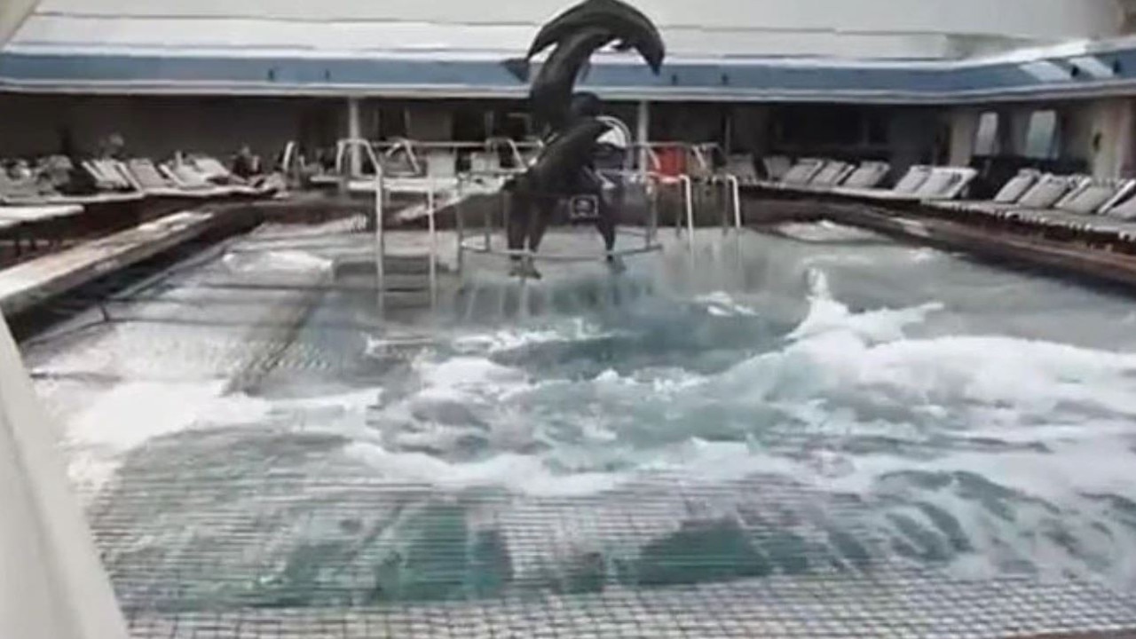 Water violently sloshes about in the on-board pool during the so-called ‘cruise from hell’.