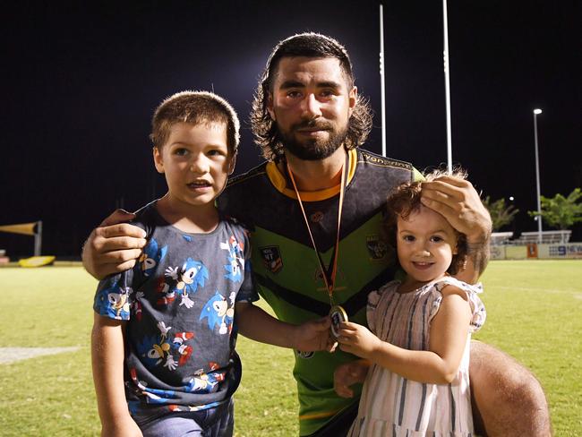 Palmerston Raiders Player-Of-The-Final Jacob Rainger and kids after the NRLNT Grand Final 2022. Picture: (A)manda Parkinson