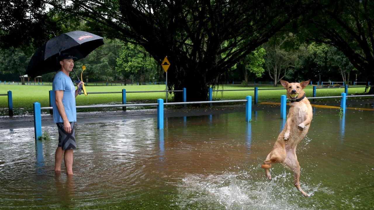 Muttley the dog enjoys running through the puddles at Goomboora Park with owner Simon Boyd. PICTURE: ANNA ROGERS